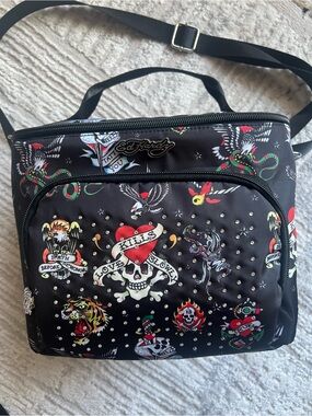 Ed Hardy Black Studded Tattoo-Print Lunch Bag